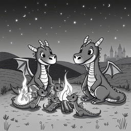 A whimsical scene featuring a medieval dragon family gathered around a bonfire at twilight