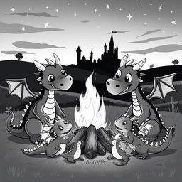 A whimsical scene featuring a medieval dragon family gathered around a bonfire at twilight