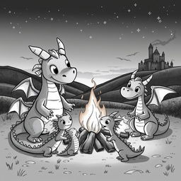 A whimsical scene featuring a medieval dragon family gathered around a bonfire at twilight