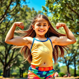 A young girl showcasing impressive muscles, exuding confidence and strength