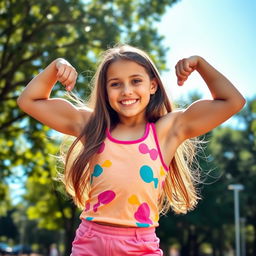 A young girl showcasing impressive muscles, exuding confidence and strength