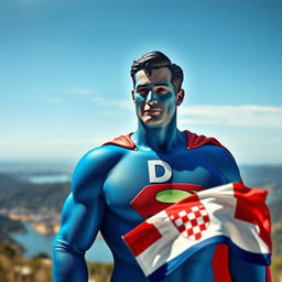 A superhero figure painted in the style of Superman, set against a stunning Croatian landscape