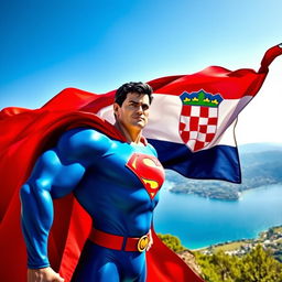 A superhero figure painted in the style of Superman, set against a stunning Croatian landscape