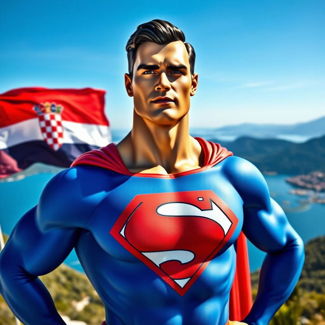 A superhero figure painted in the style of Superman, set against a stunning Croatian landscape