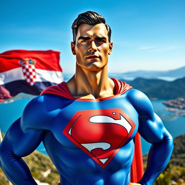 A superhero figure painted in the style of Superman, set against a stunning Croatian landscape