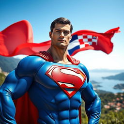 A superhero figure painted in the style of Superman, set against a stunning Croatian landscape