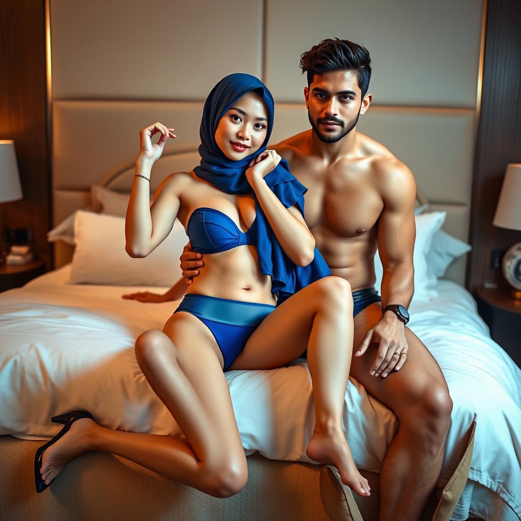 A captivating scene featuring a beautiful Chinese woman in a stylish hijab, wearing a blue bra and matching underwear, confidently posing on a luxurious bed alongside a charming, sexy man