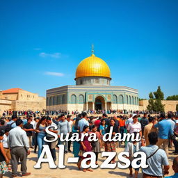 An artistic depiction of the Al-Aqsa Mosque, prominently showcasing its stunning architecture with the golden dome under a clear blue sky
