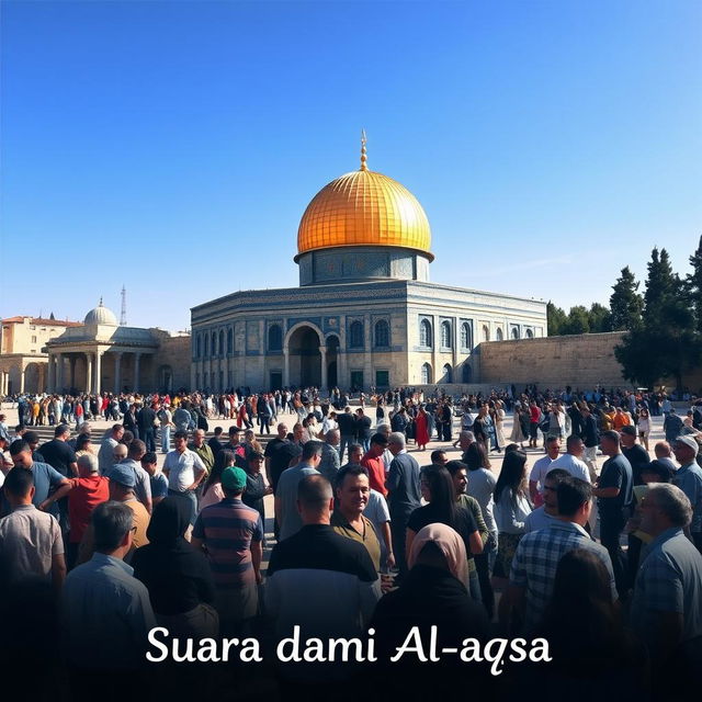 An artistic depiction of the Al-Aqsa Mosque, prominently showcasing its stunning architecture with the golden dome under a clear blue sky