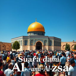 An artistic depiction of the Al-Aqsa Mosque, prominently showcasing its stunning architecture with the golden dome under a clear blue sky