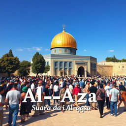 An artistic depiction of the Al-Aqsa Mosque, prominently showcasing its stunning architecture with the golden dome under a clear blue sky