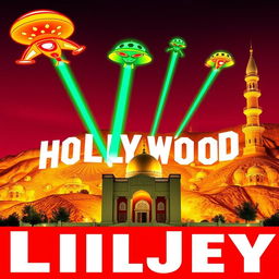 A surreal scene combining the iconic Hollywood logo stylized in red and white, seamlessly integrated with the golden shrine of Imam Reza in Mashhad, Iran, which serves as the backdrop