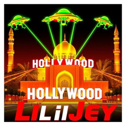 A surreal scene combining the iconic Hollywood logo stylized in red and white, seamlessly integrated with the golden shrine of Imam Reza in Mashhad, Iran, which serves as the backdrop