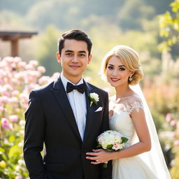 A wedding photo that captures a beautiful couple standing together in a picturesque outdoor setting