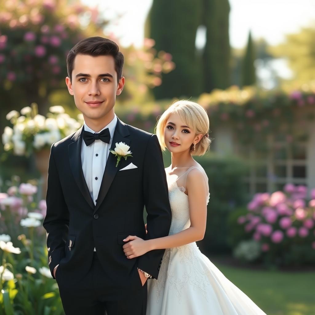 A wedding photo that captures a beautiful couple standing together in a picturesque outdoor setting