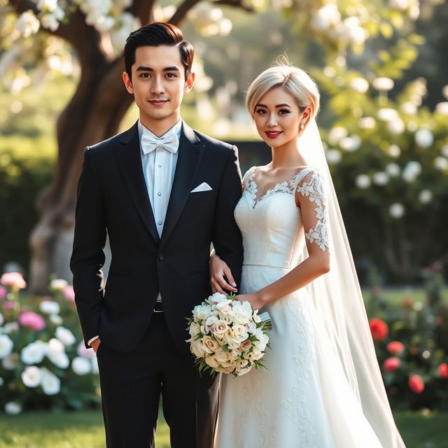 A wedding photo that captures a beautiful couple standing together in a picturesque outdoor setting