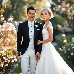 A wedding photo that captures a beautiful couple standing together in a picturesque outdoor setting