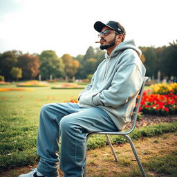A man sitting alone on a chair in a vibrant park, casually smoking a cigarette