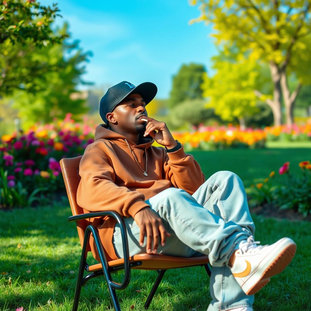 A man sitting alone on a chair in a vibrant park, casually smoking a cigarette