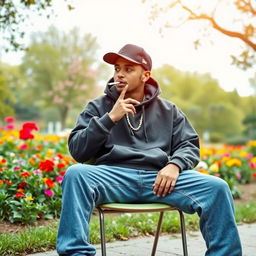 A man sitting alone on a chair in a vibrant park, casually smoking a cigarette
