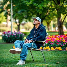 A man sitting alone on a chair in a vibrant park, casually smoking a cigarette