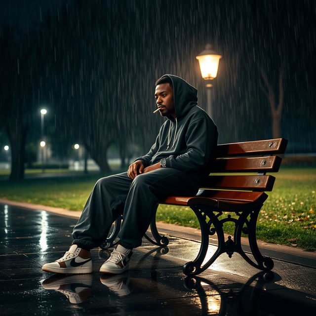 A solitary man sitting alone on a bench in a tranquil park during a nighttime rain shower, illuminated by the soft glow of a street lamp