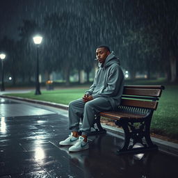 A solitary man sitting alone on a bench in a tranquil park during a nighttime rain shower, illuminated by the soft glow of a street lamp