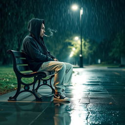 A solitary man sitting alone on a bench in a tranquil park during a nighttime rain shower, illuminated by the soft glow of a street lamp