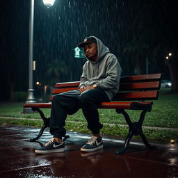 A solitary man sitting alone on a bench in a tranquil park during a nighttime rain shower, illuminated by the soft glow of a street lamp