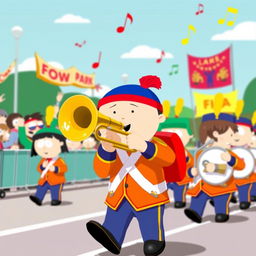 A whimsical depiction of a South Park-style marching band performing on a sunny day