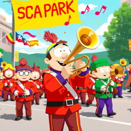 A whimsical depiction of a South Park-style marching band performing on a sunny day