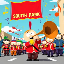 A whimsical depiction of a South Park-style marching band performing on a sunny day