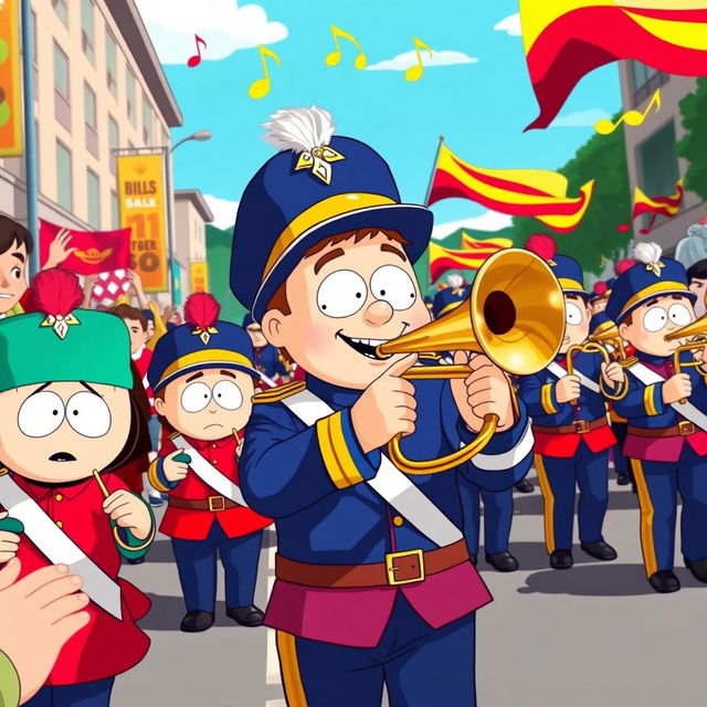 A whimsical depiction of a South Park-style marching band performing on a sunny day