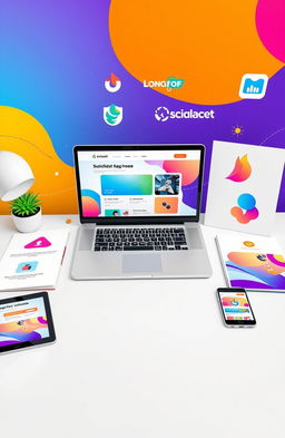 A vibrant digital product design featuring an array of colorful graphic elements, including modern logos, sleek interface mockups, and stylish marketing materials