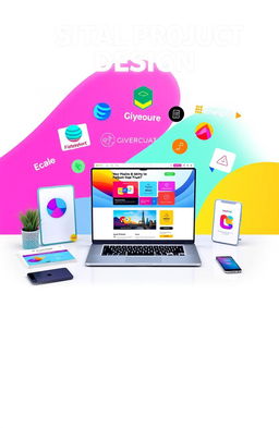 A vibrant digital product design featuring an array of colorful graphic elements, including modern logos, sleek interface mockups, and stylish marketing materials