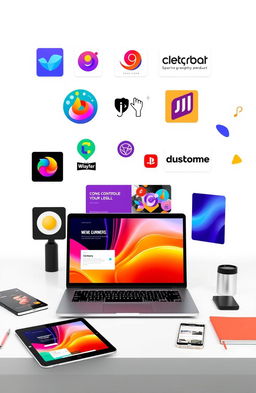 A vibrant digital product design featuring an array of colorful graphic elements, including modern logos, sleek interface mockups, and stylish marketing materials