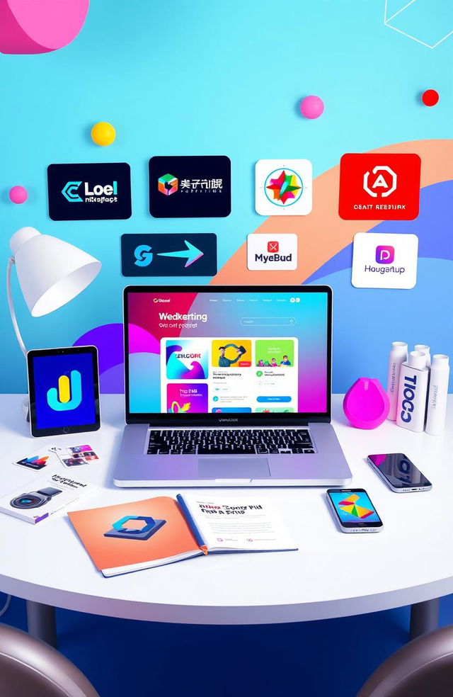 A vibrant digital product design featuring an array of colorful graphic elements, including modern logos, sleek interface mockups, and stylish marketing materials