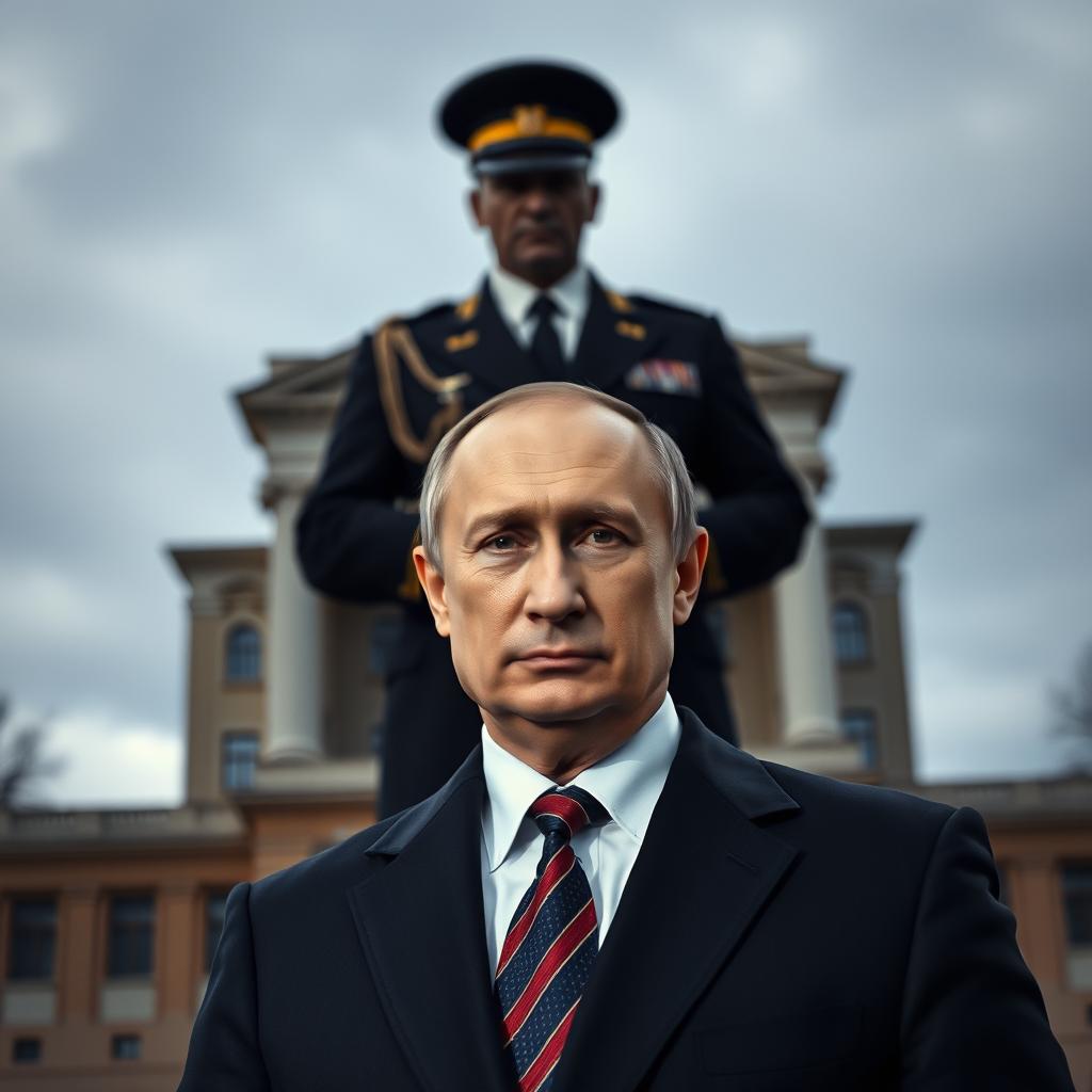 A serious and intense scene featuring Vladimir Putin standing outdoors in front of an imposing building