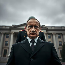 A serious and intense scene featuring Vladimir Putin standing outdoors in front of an imposing building