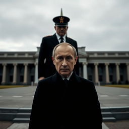 A serious and intense scene featuring Vladimir Putin standing outdoors in front of an imposing building