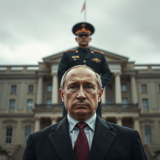 A serious and intense scene featuring Vladimir Putin standing outdoors in front of an imposing building