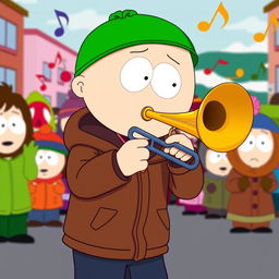 A cartoonish illustration of Kyle from South Park energetically playing a trombone