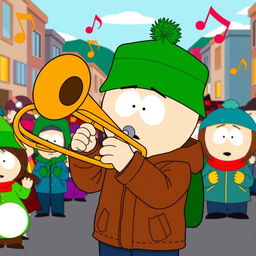A cartoonish illustration of Kyle from South Park energetically playing a trombone