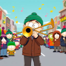 A cartoonish illustration of Kyle from South Park energetically playing a trombone