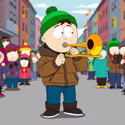 A cartoonish illustration of Kyle from South Park energetically playing a trombone