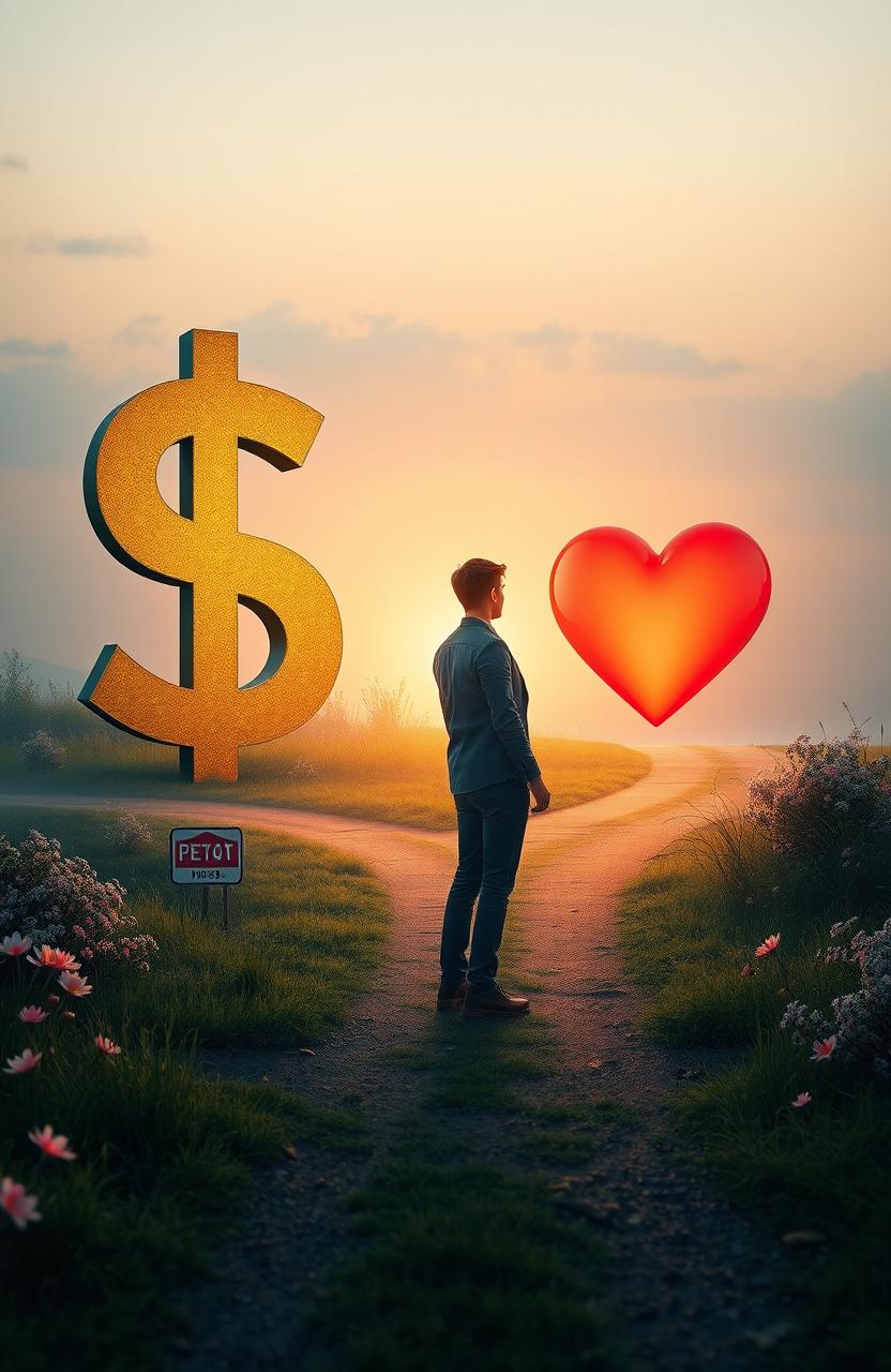 A serene and thought-provoking scene depicting a person standing at a crossroads, contemplating a huge money sign on one path and a vibrant heart symbol on the other