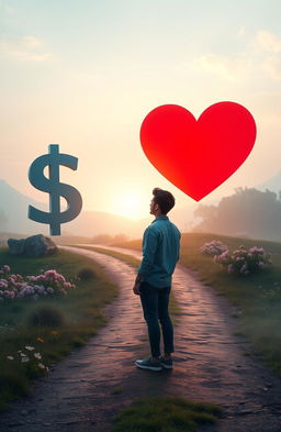 A serene and thought-provoking scene depicting a person standing at a crossroads, contemplating a huge money sign on one path and a vibrant heart symbol on the other
