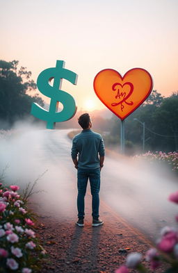 A serene and thought-provoking scene depicting a person standing at a crossroads, contemplating a huge money sign on one path and a vibrant heart symbol on the other