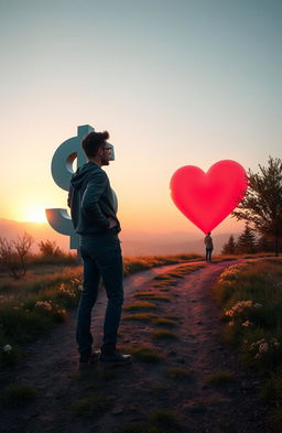A serene and thought-provoking scene depicting a person standing at a crossroads, contemplating a huge money sign on one path and a vibrant heart symbol on the other