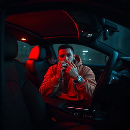 A man sitting inside a sleek BMW X4, dressed in casual streetwear, his face obscured by his hands, deeply focused as he smokes marijuana